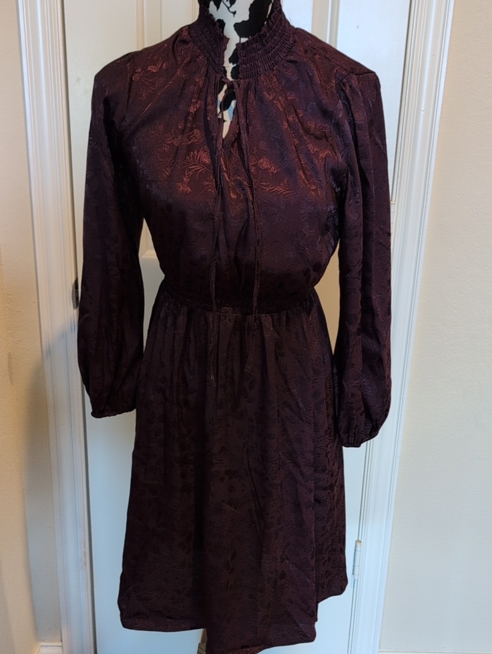 Chenault Deep Burgundy/ Purple Long-Sleeve Smocked-Neck Dress Size Small NWT